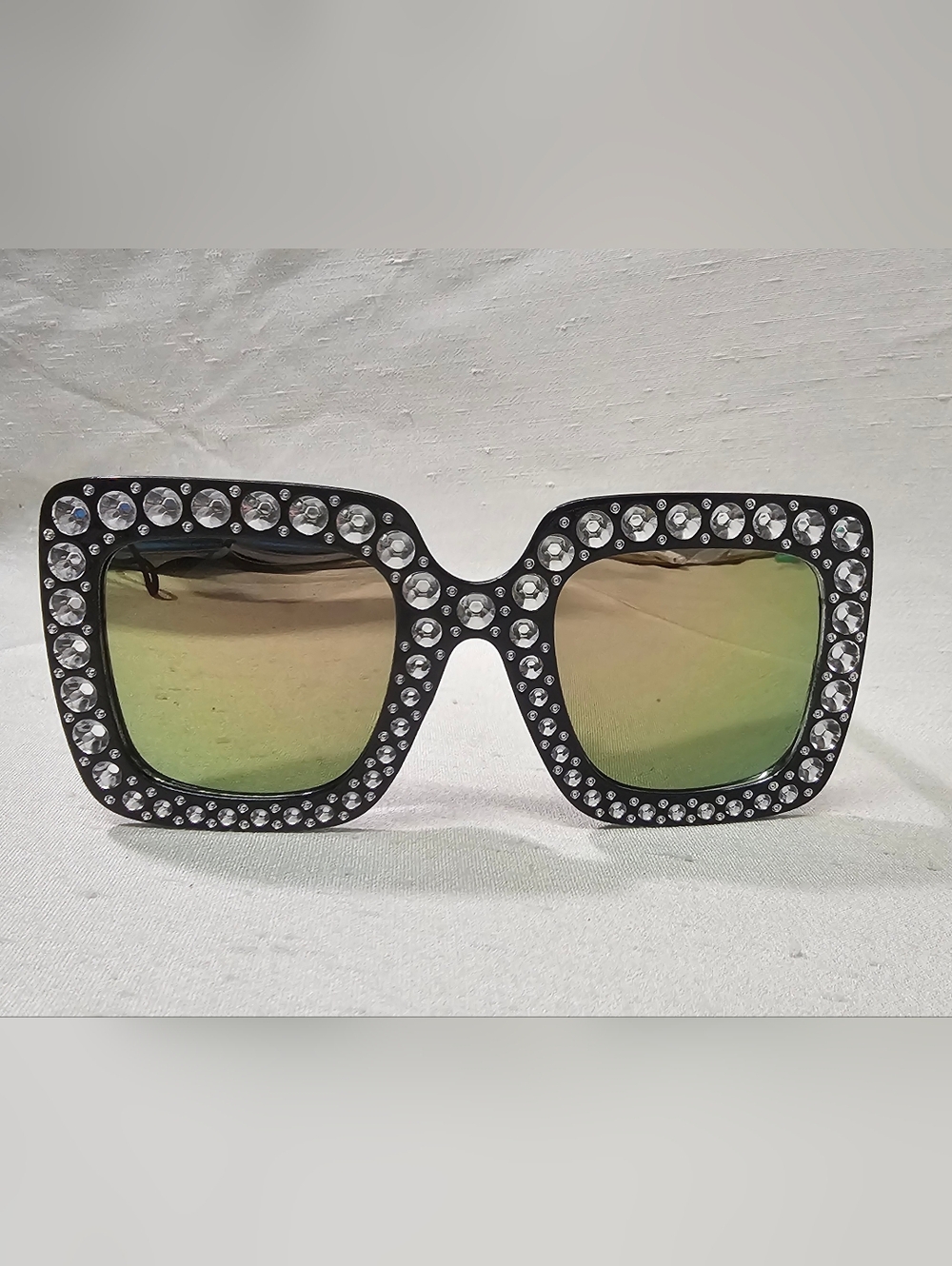 Crystal-Embellished Black Square Sunglasses with Green Mirrored Lenses